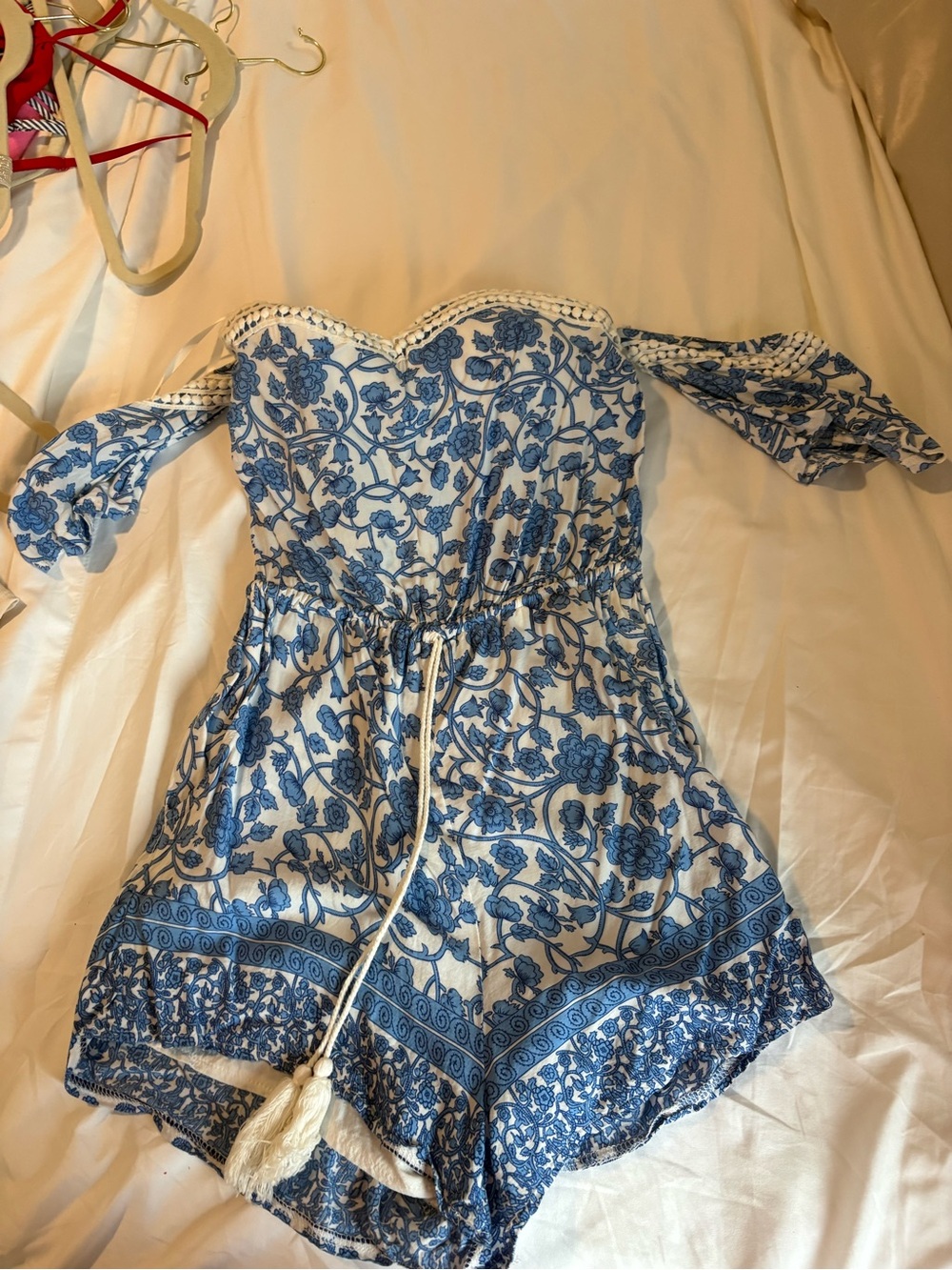 Blue and White Floral Off-Shoulder Kids One-Piece Romper